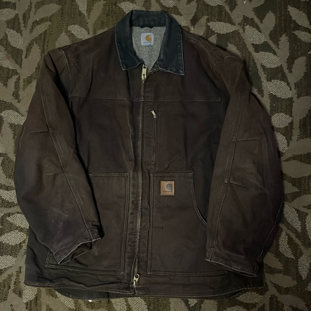 Carhartt Men’s Loose Fit Washed Duck Sherpa-Lined Coat Size XL Dark Brown